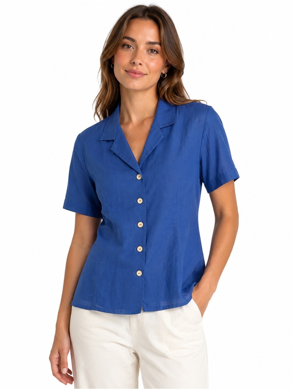 Vintage 80/90’s Geiger Austria Women 38 Blue Cotton Short Sleeve Button Blouse